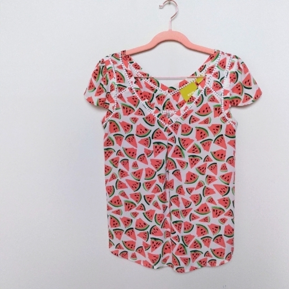 Anthropologie Maeve Picnic Days Watermelon Print Cap Sleeve Blouse Size 0 - Picture 2 of 9